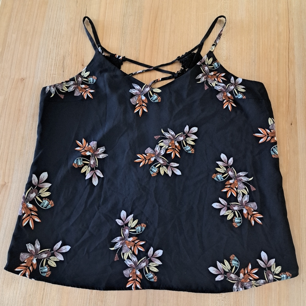 Black Floral Crisscross Lace Back Fairycore Boho Cottagecore Cami Top Womens XL